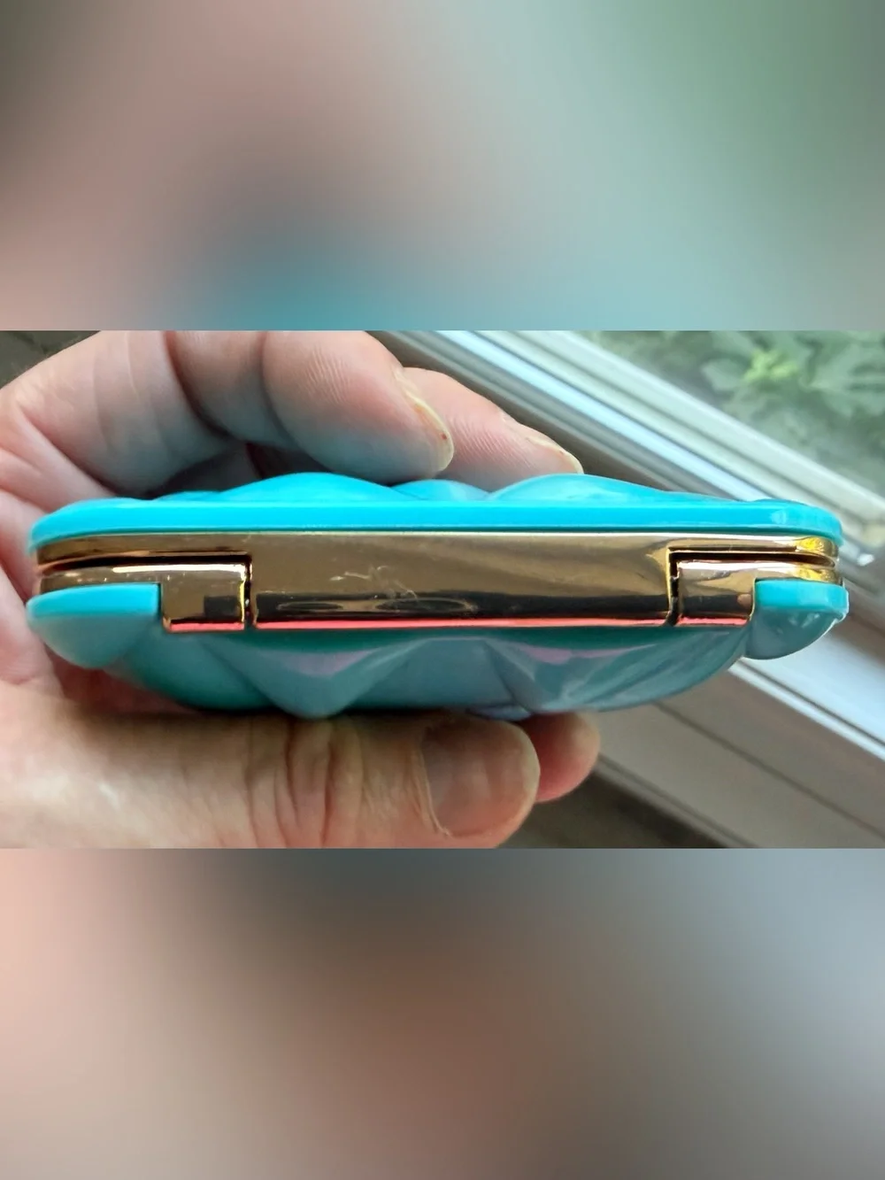 Mui Mui Turquoise Blue Pocket Mirror with Gold Metal Edging SEALED in plastic